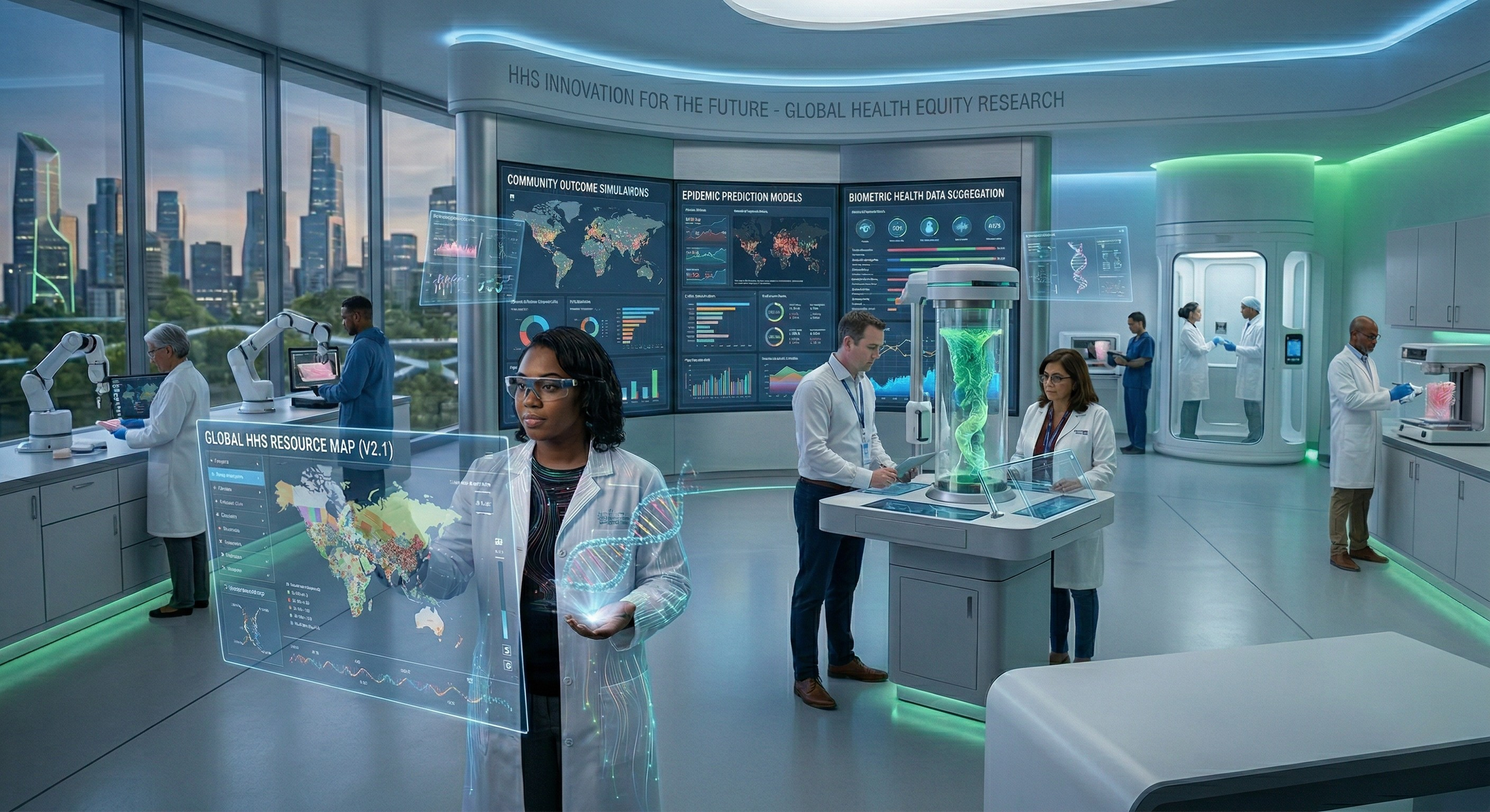 Scientists working in a high-tech digital laboratory with large screens displaying data, maps, and models related to global health research, with city skyline visible through large windows.