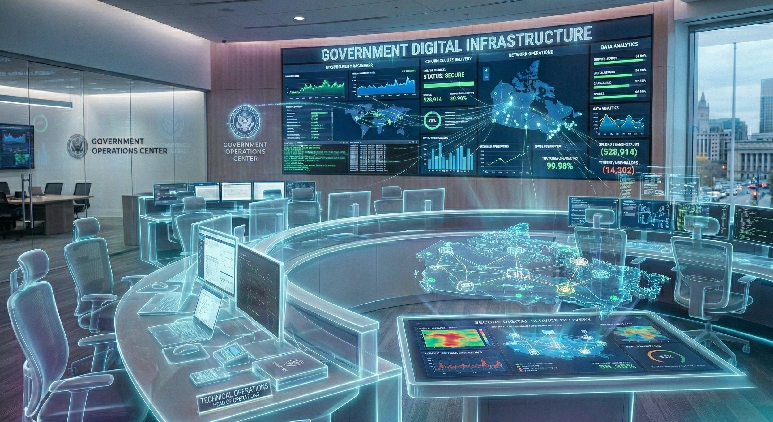 A futuristic government operations center with holographic digital displays showing maps, graphs, and data analytics, with chairs and workstations around a large holographic table.