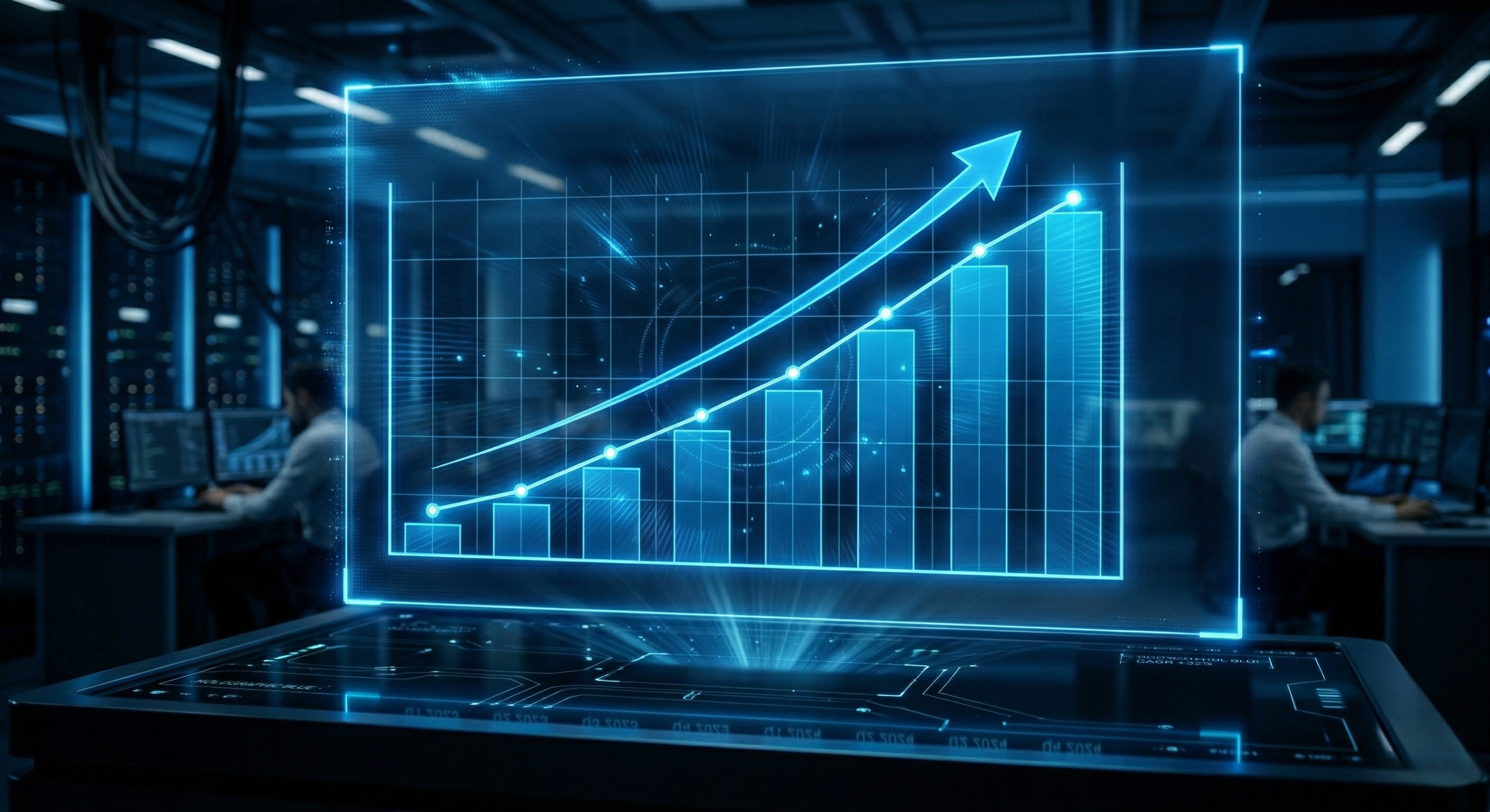 A holographic display of a rising financial chart with bar graph and arrow, set in a dark data center with people working at computers in the background.