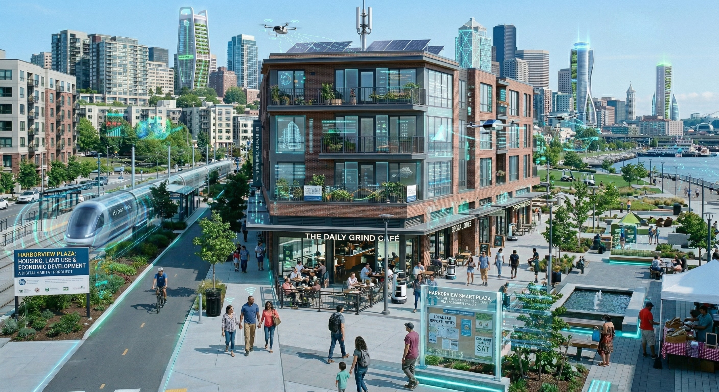 A modern urban cityscape with a mix of buildings, green spaces, and advanced technology elements. People are walking, cycling, and sitting outside a café called 'The Daily Grind.' Autonomous drones and a futuristic train are visible, along with digital interfaces and holographic displays suggesting a smart city environment.
