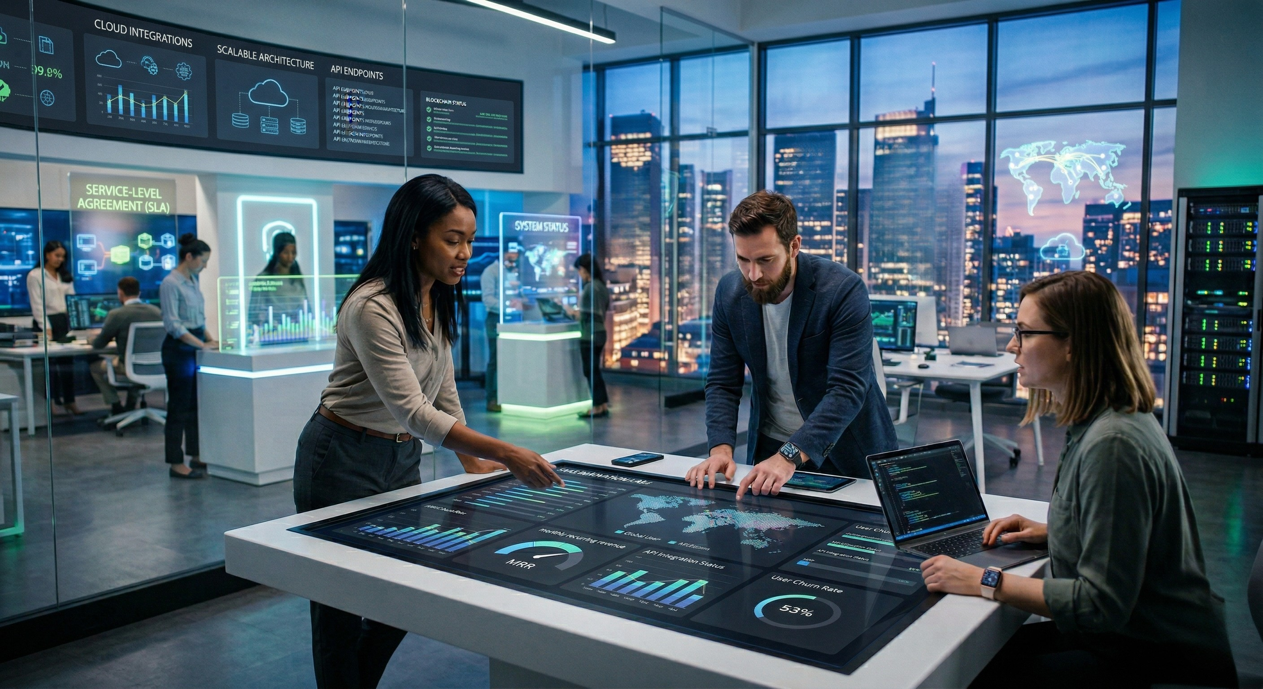 Business professionals working on a high-tech digital collaboration table in a modern office with large windows and city skyline in the background, displaying digital dashboards and data visualizations.
