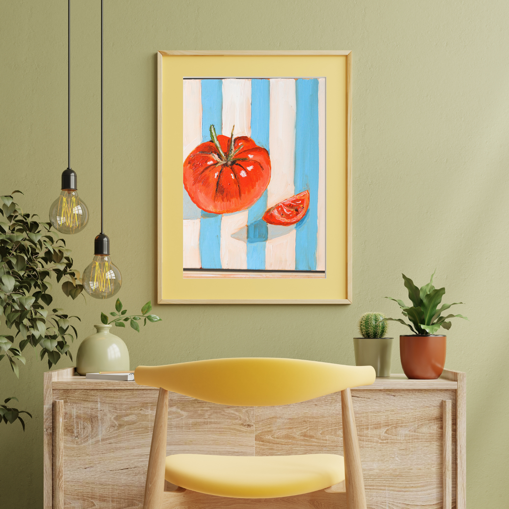 Interior decor featuring a framed painting of a tomato on a striped blue and white background, with a yellow-framed border, hung on a light green wall above a wooden sideboard. The sideboard has a small potted cactus, a vase with green leaves, and a potted plant, with a yellow chair in front and two hanging Edison bulbs on the left.