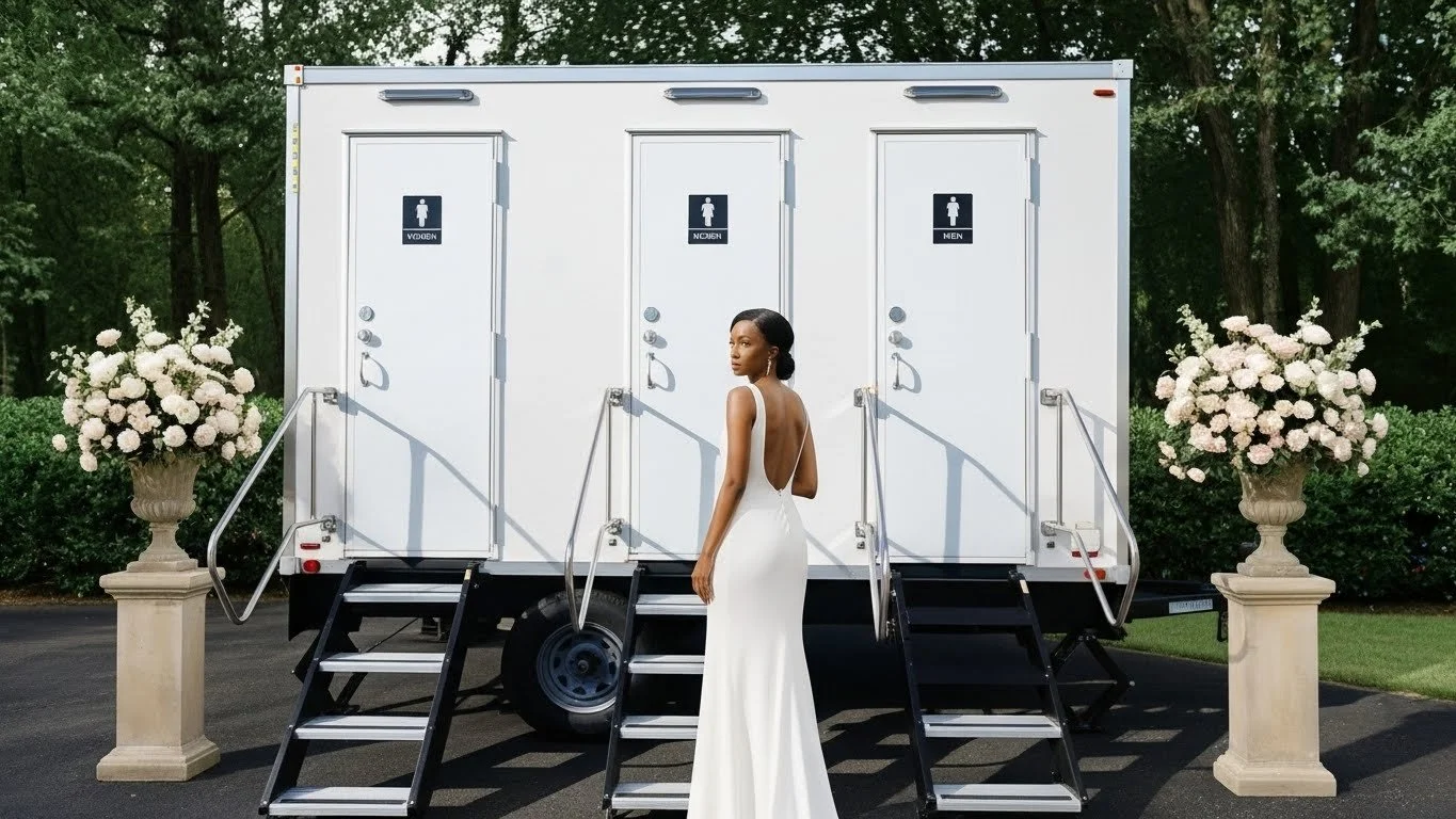 A woman in a white gown standing outside a portable restroom trailer with three entrances, surrounded by two large flower arrangements in urns.