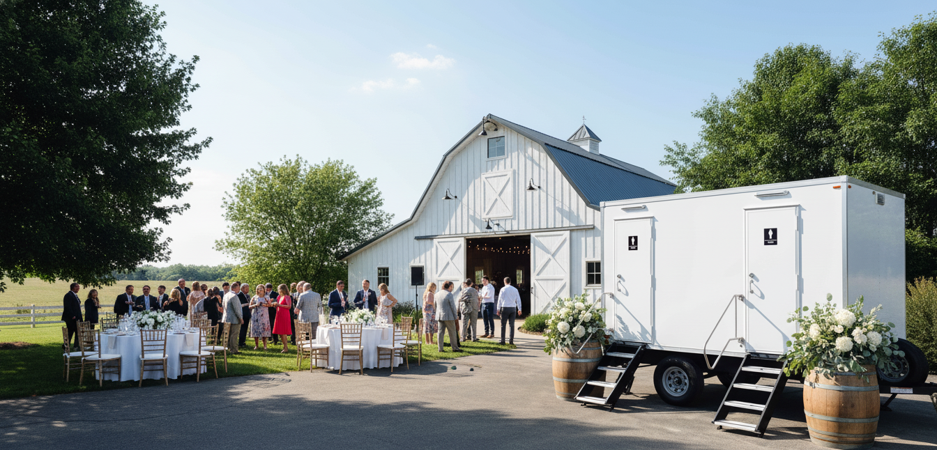 People gathered outside a white barn for a celebration, with tables set for dining and a portable restroom trailer decorated with white flowers.
