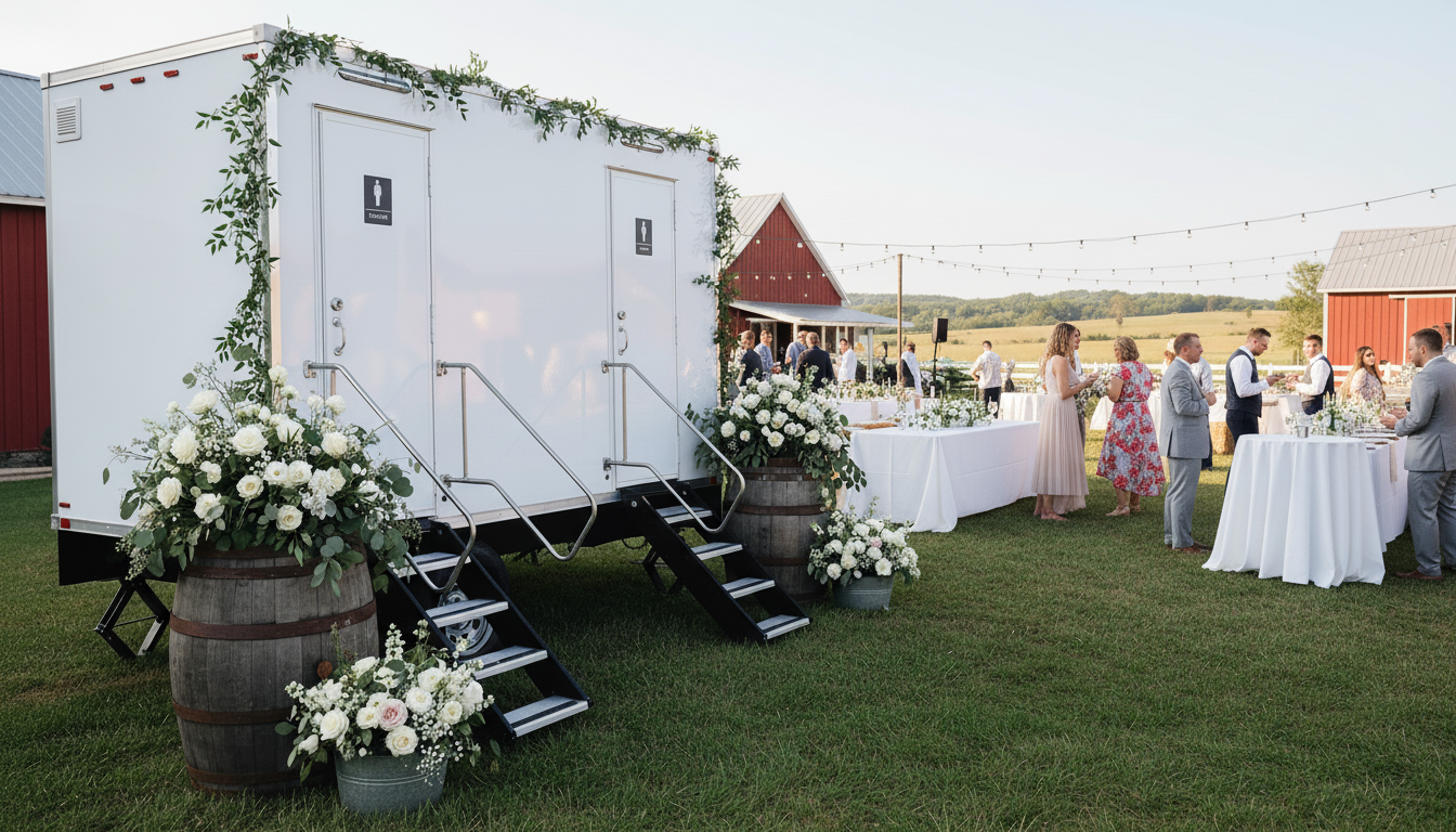 Outdoor wedding reception with guests chatting near tables decorated with white flowers, a mobile restroom trailer with floral arrangements, and string lights hanging in a rural setting.