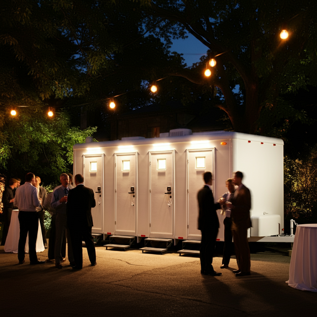 Nighttime outdoor social gathering with people in formal attire around a large white mobile restroom trailer with small square windows, under string lights hanging from trees.