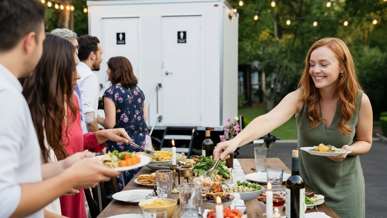 A woman with red hair serving herself food at an outdoor gathering with a buffet table. Other guests are in line, and there is a white trailer and trees in the background.