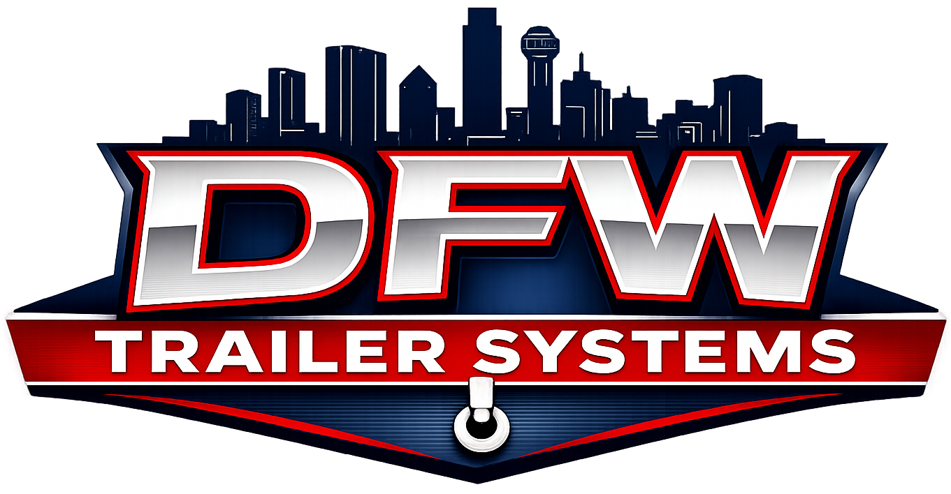 Logo for DFW Trailer Systems with a city skyline in the background and a red, white, and blue color theme.