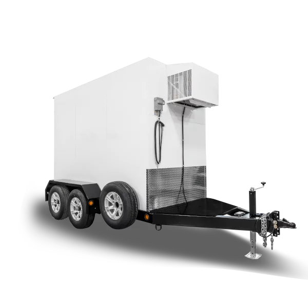 A white mobile freezer trailer with three wheels, a black platform, and equipment on the side, used for refrigeration or cooling