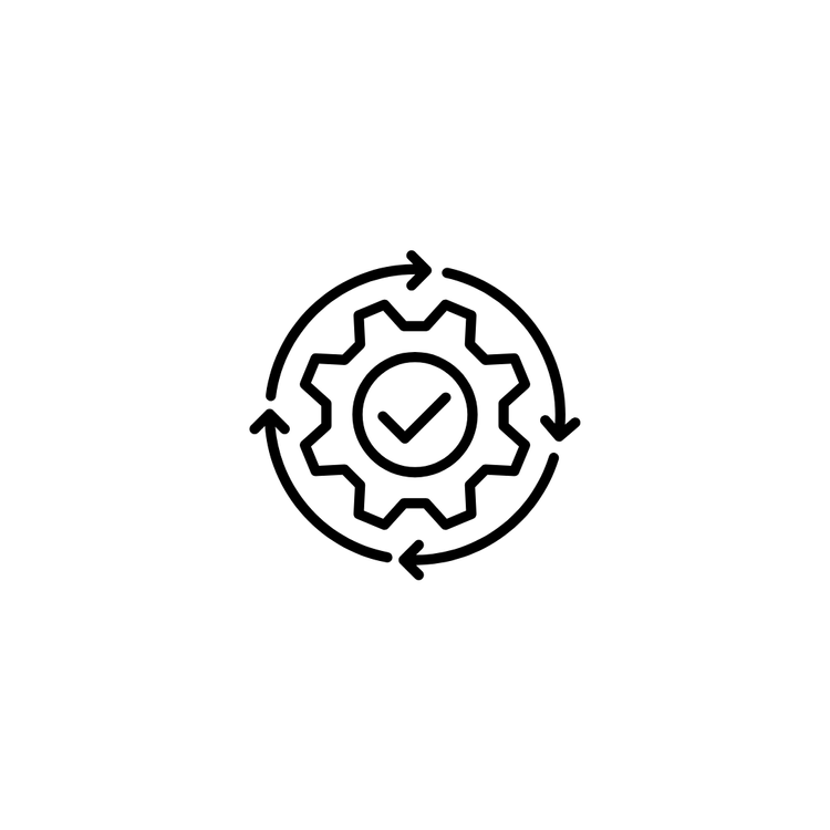 Icon of a gear with a checkmark inside, surrounded by circular arrows, representing process or automation.