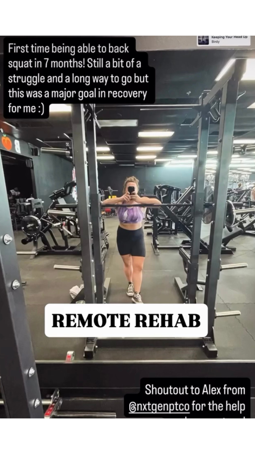 A woman taking a mirror selfie in a gym, with progress update text about her recovery from a back squat in 7 months, and a shoutout to Alex from a fitness account.