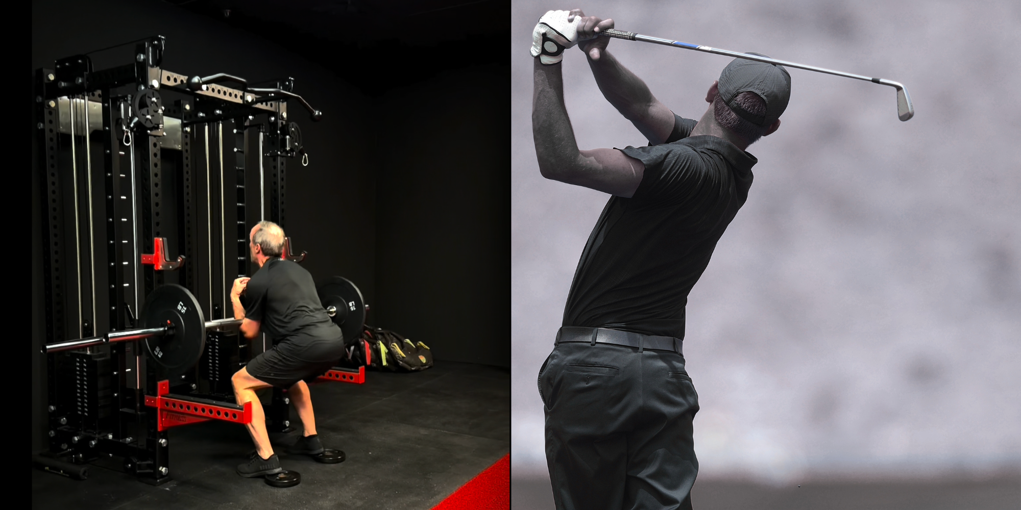 A man lifting a barbell during squat workout in a gym on the left, and a man swinging a golf club outside against cloudy sky on the right.