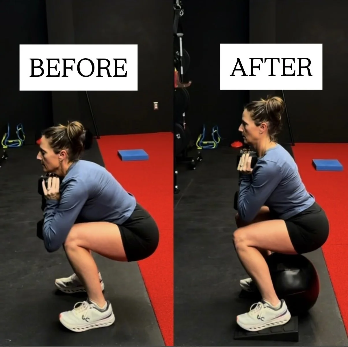 Side-by-side comparison of a woman performing a squat exercise before and after a workout routine. In the 'before' image, she squats on the floor, and in the 'after' image, she is squatting on a stability ball with weights in her hands.