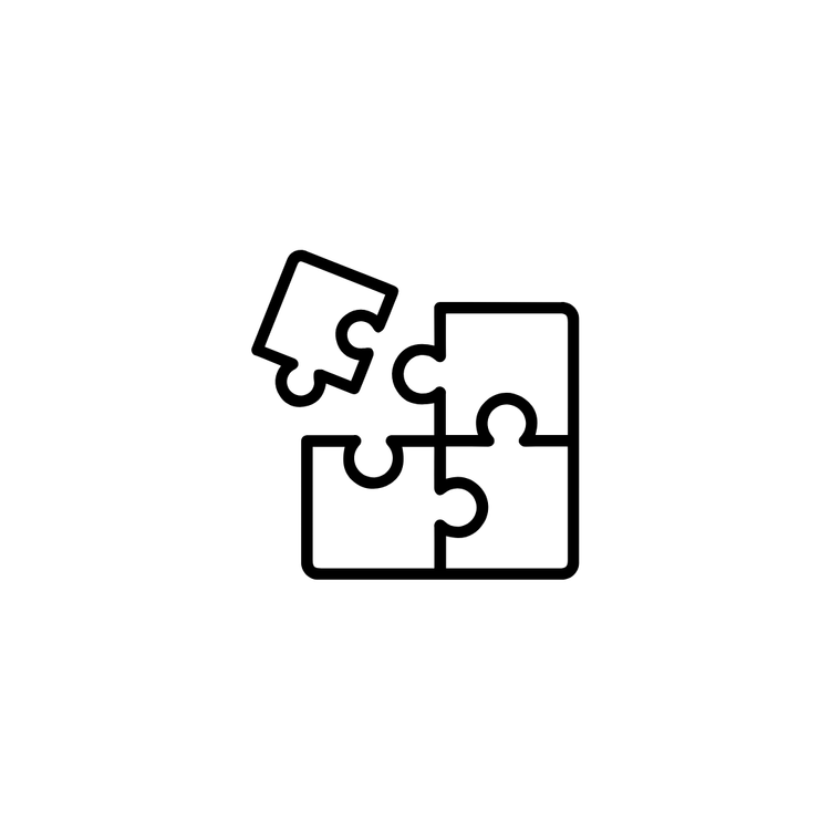 Outline of four interconnected puzzle pieces with one piece slightly separated.