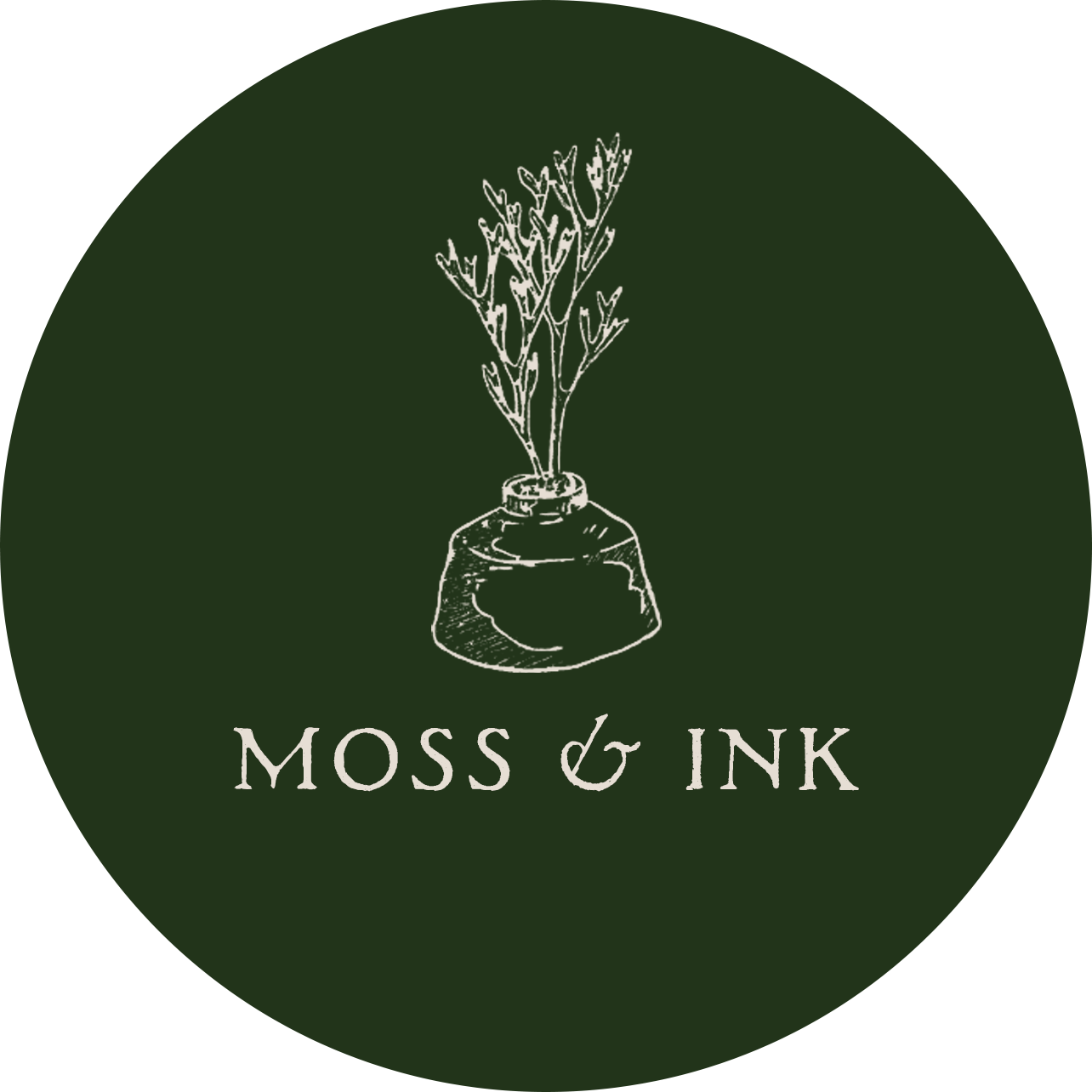 A logo featuring a sketch of a plant in a jar with the text 'MOSS & INK' underneath, set against a dark green circular background.