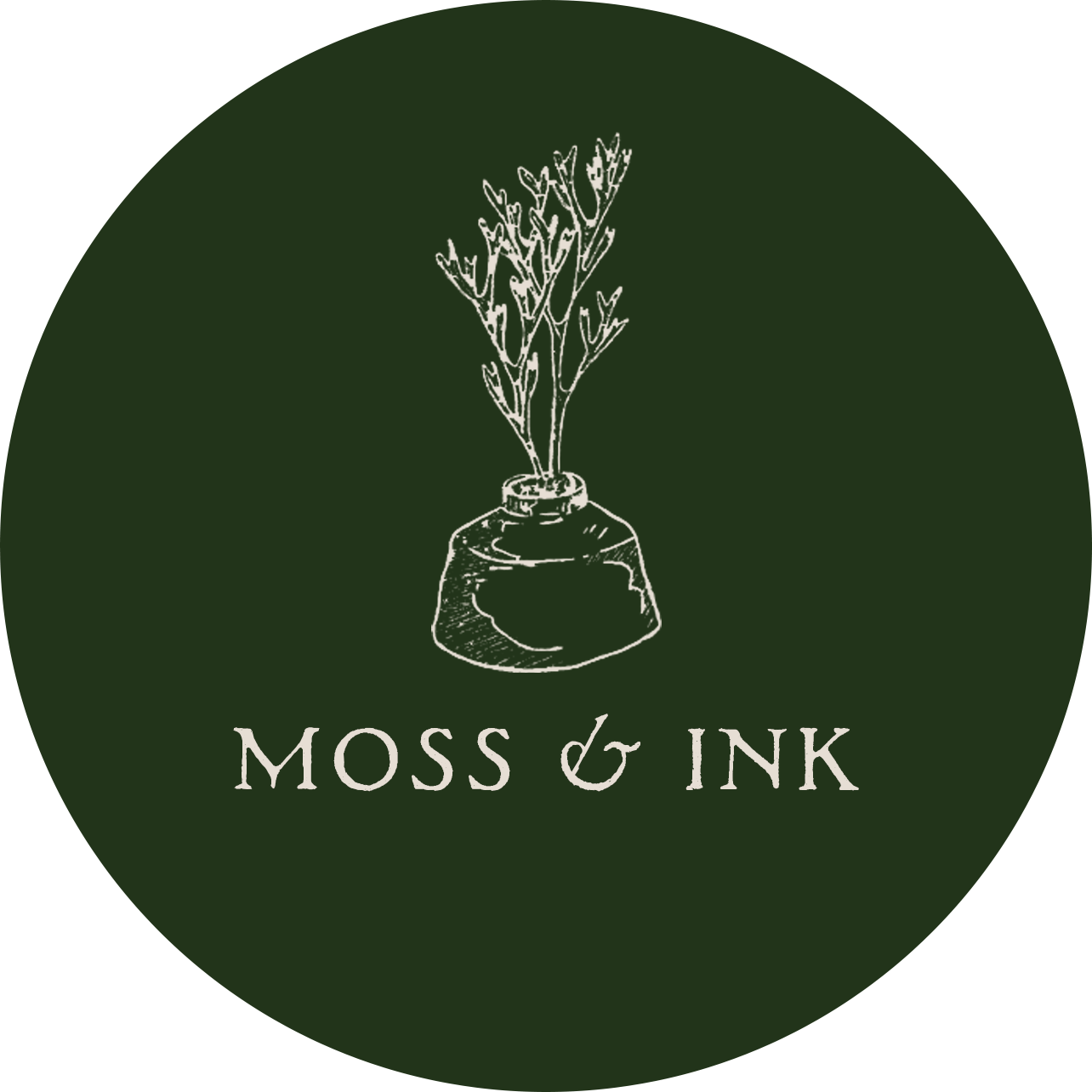 A circular logo with a dark green background featuring a white line drawing of a plant in a jar and the words "MOSS & INK" beneath it.