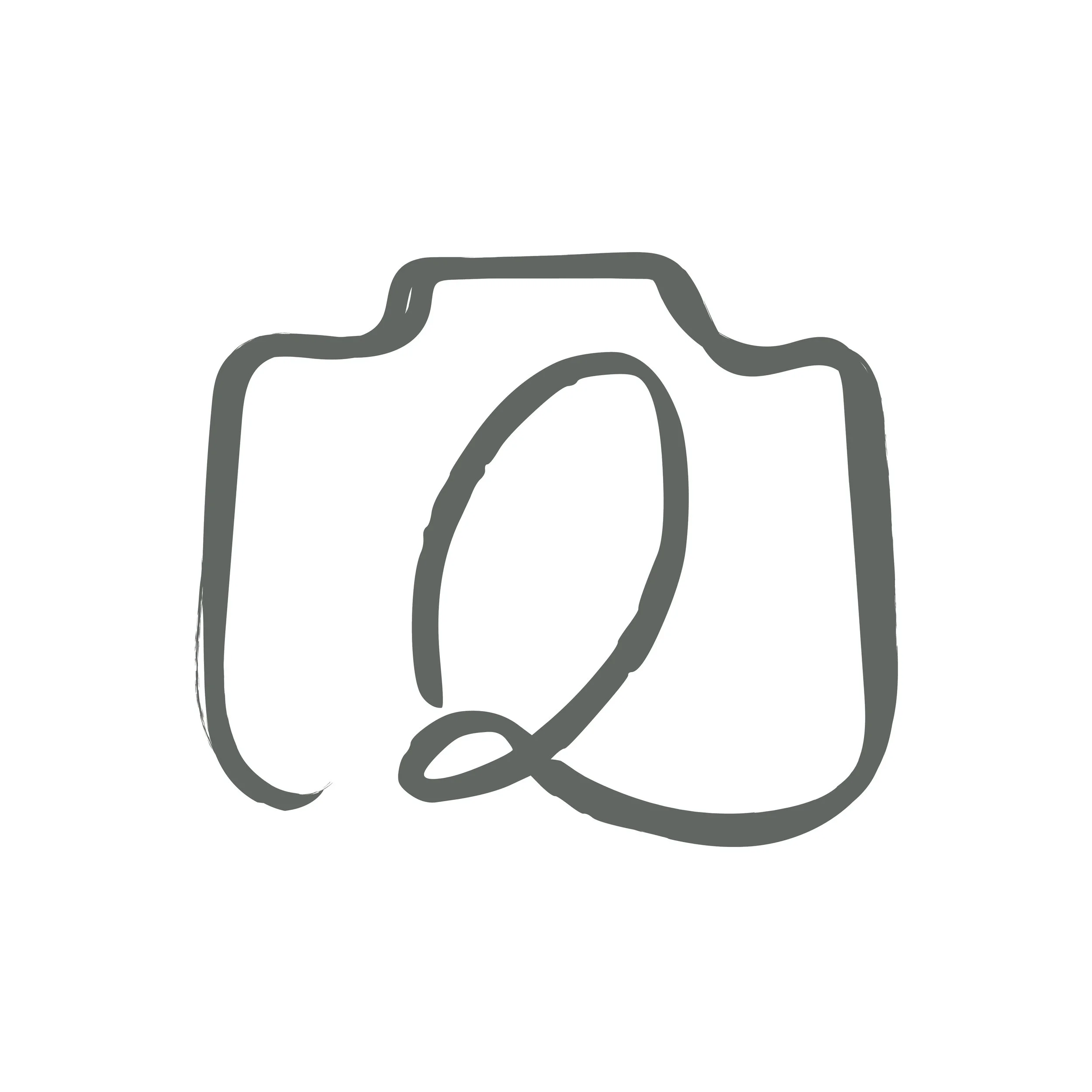 Line drawing of a camera with a large round lens in the center.