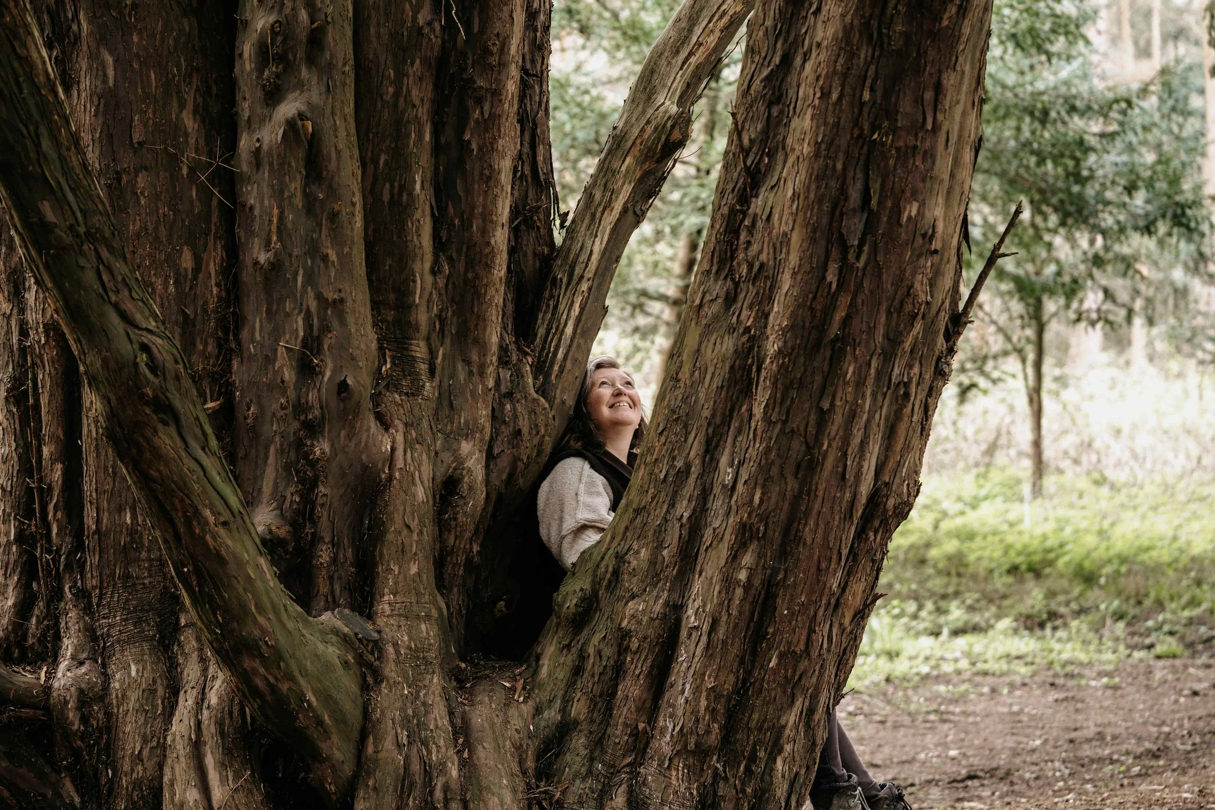 A smiling young woman sitting and leaning against a large tree trunk in a forest, with multiple tree trunks and greenery in the background.