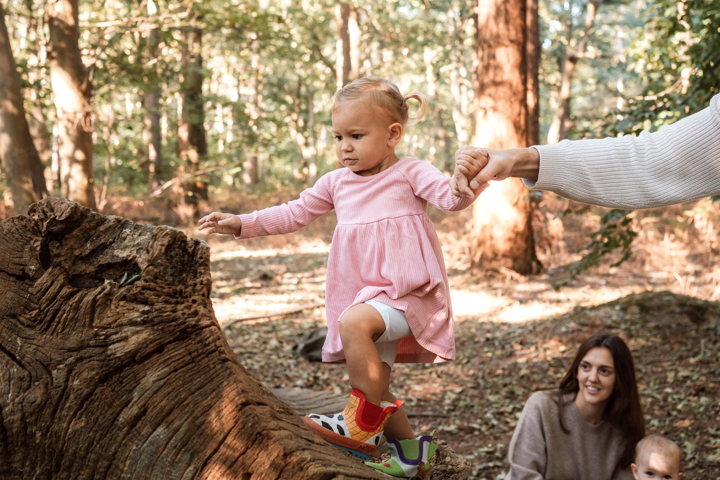 A young girl in a pink dress balancing on a fallen tree trunk in a forest, being helped by an adult, with a woman and a baby sitting on the ground nearby.