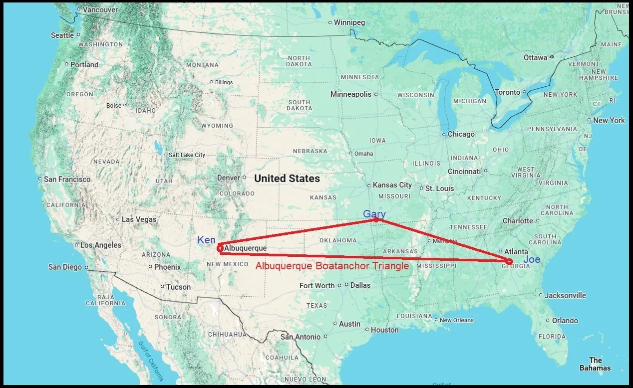 Map of the United States showing the locations of Albuquerque, Ken, Gary, and Joe with lines connecting Albuquerque to Ken and Gary, and lines forming a triangle between Albuquerque, Joe, and Gary, labeled as the Albuquerque Boatanchor Triangle.