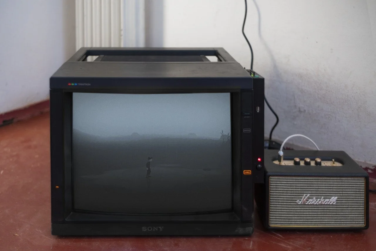 Old television displaying a silhouette of a person near water, with a small Marshall amplifier beside it, on a wooden surface.