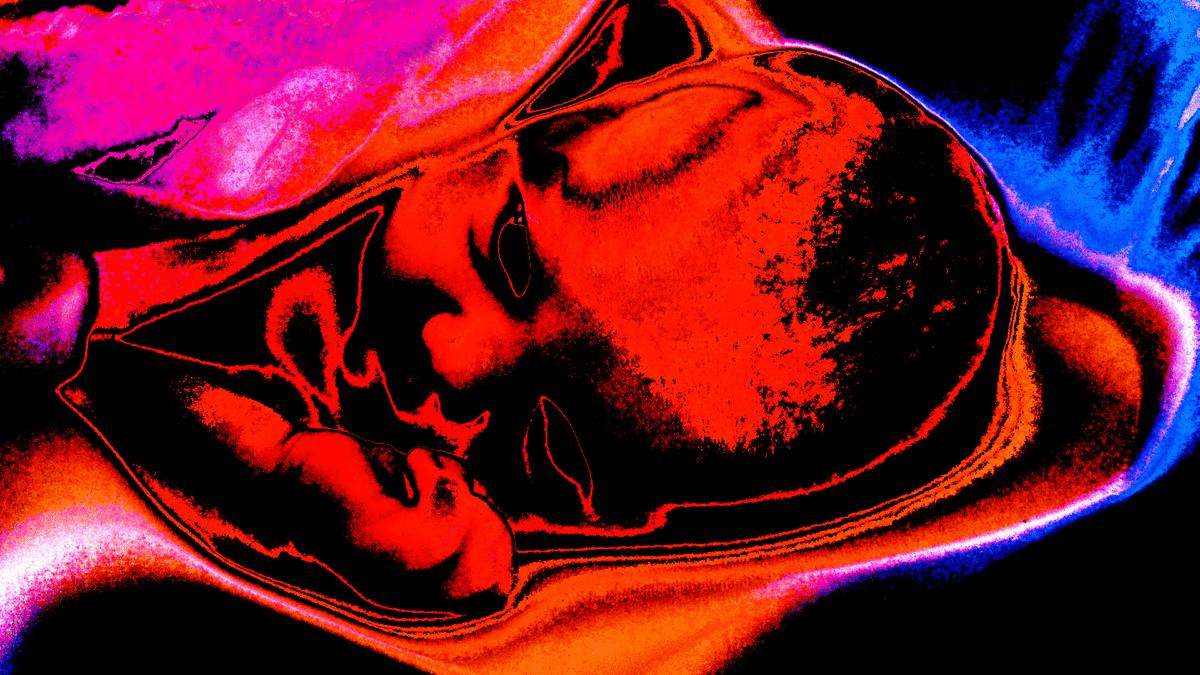 Abstract colorful digital artwork with red, black, pink, purple, and blue hues.