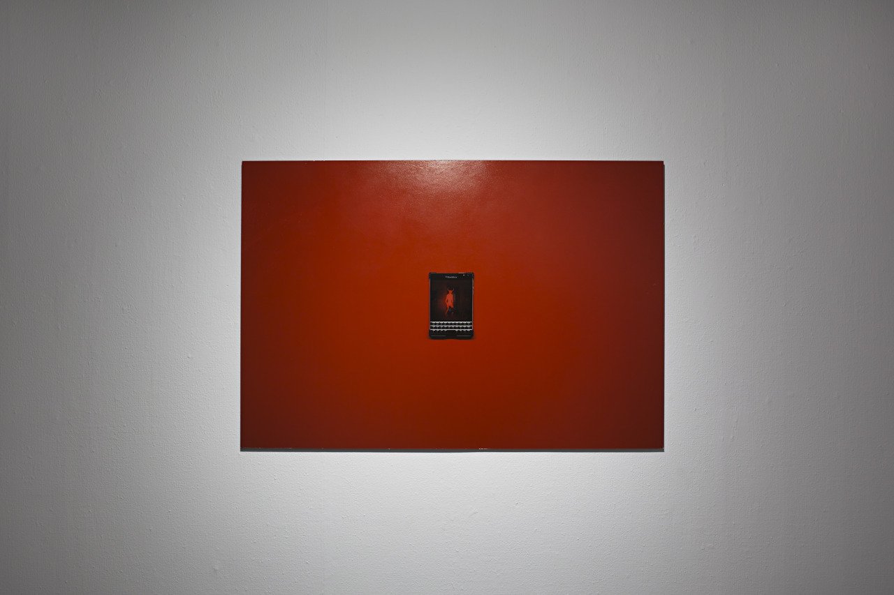 A small smartphone displays a red and black image of a person on a red wall in an art exhibit, with a white wall and installation light surrounding it.
