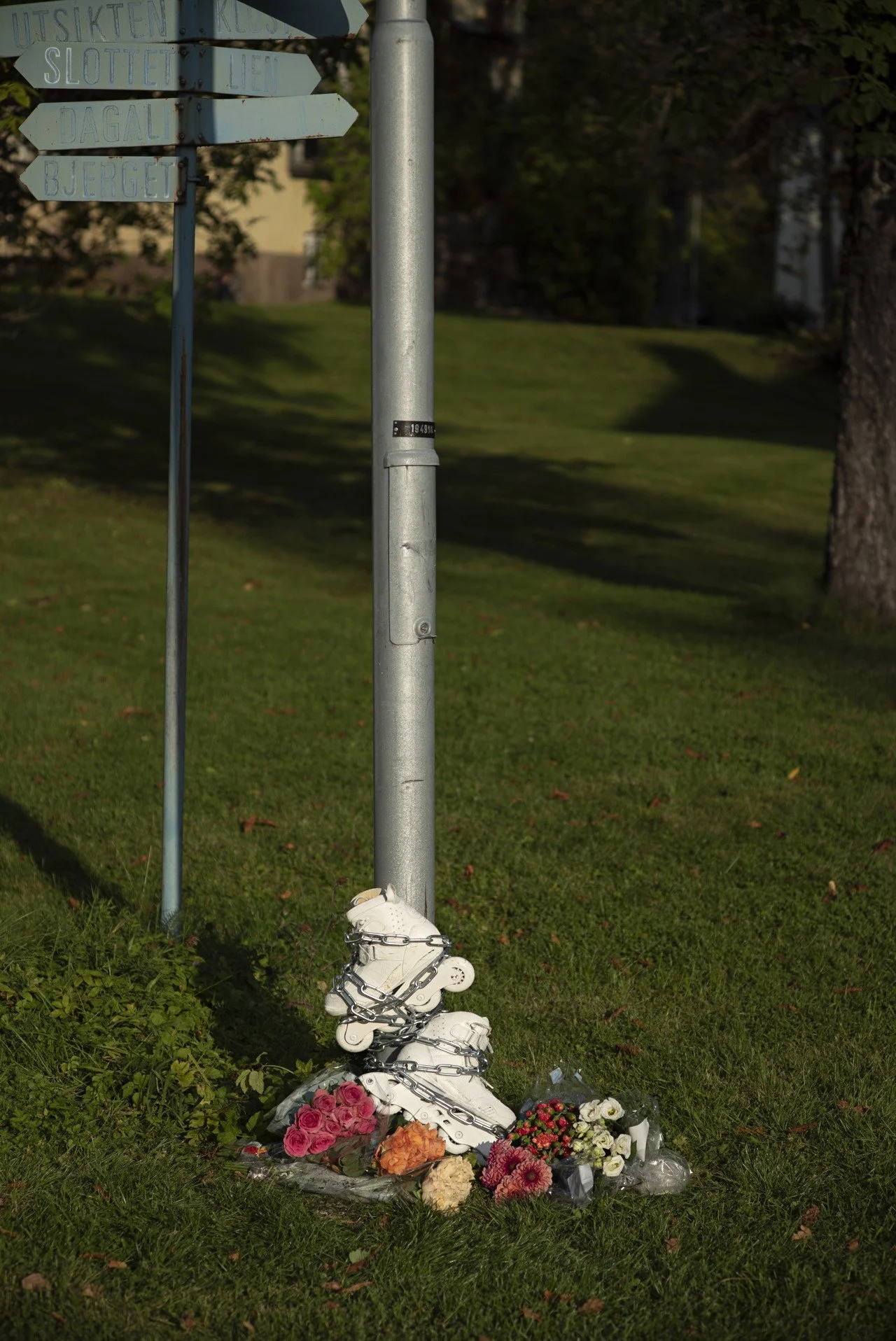 Ghost blades placed against a lamppost with flowers and chain at its base, on a grassy area near a park.