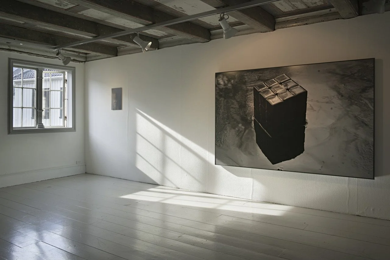 Art gallery with a large black and white photograph of a cube-shaped object on the wall, with a smaller artwork on the adjacent wall, sunlight casting shadows through a window, and track lighting on an exposed ceiling.