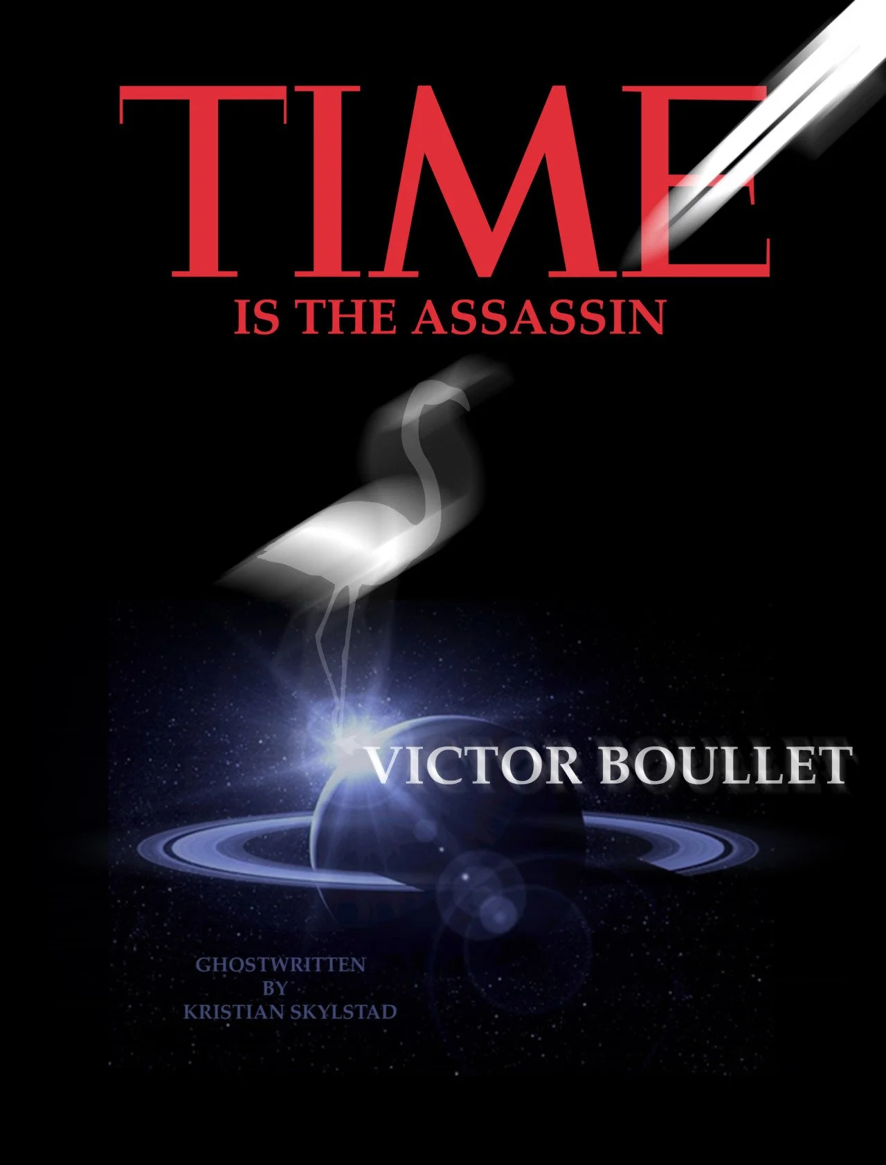 Book cover titled 'Time is the Assassin' by Victor Boullet, featuring a cosmic scene with a planet and a light beam or missile in space.