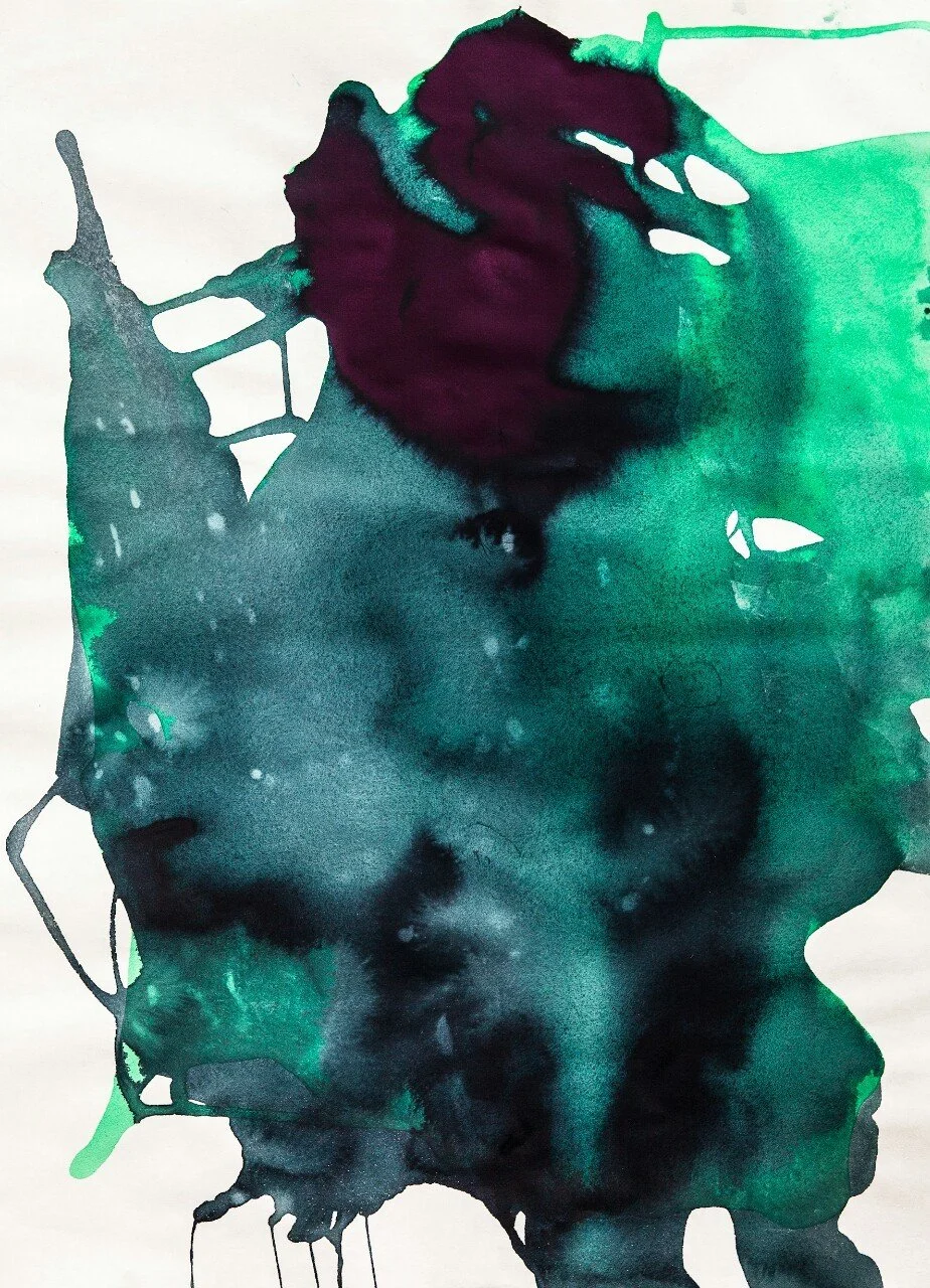 Abstract watercolor painting with shades of green, black, and purple