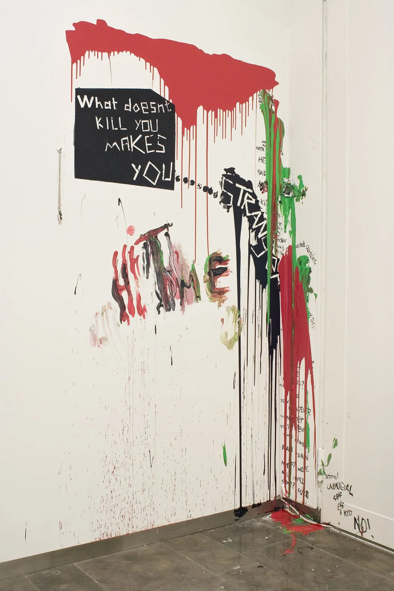 Wall with graffiti art that includes a black sign saying 'What doesn't kill you makes you...'. The wall is splattered with red, green, and black paint, with scribbled words and the word 'SHAME' partially visible.