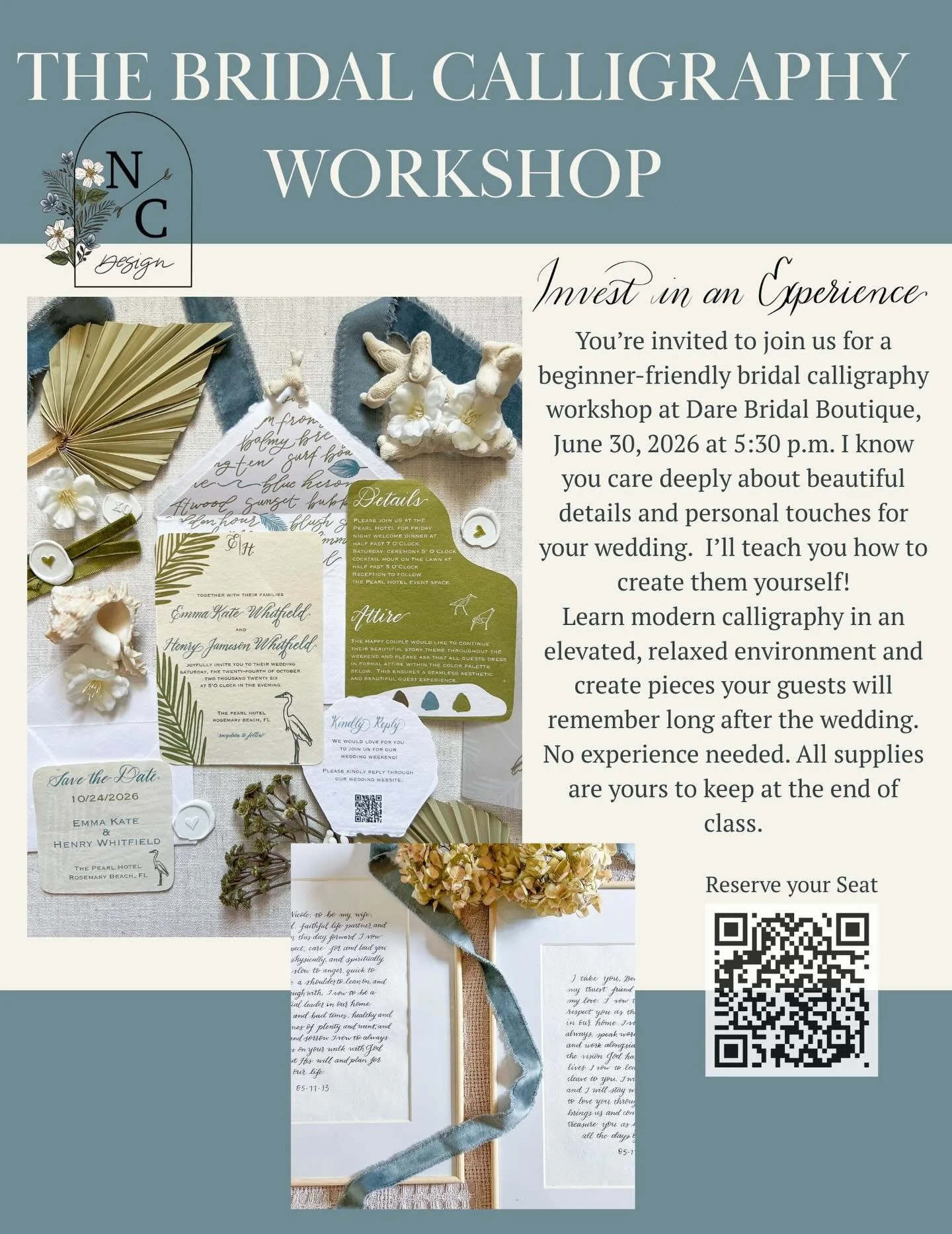 I am so excited to announce this Bridal Calligraphy Class at the gorgeous Dare Bridal Boutique  June 30, 2026 at 530pm!! 
I&rsquo;m putting my teaching hat back on and I&rsquo;m going to teach you how to create those beautiful heirloom details yourse