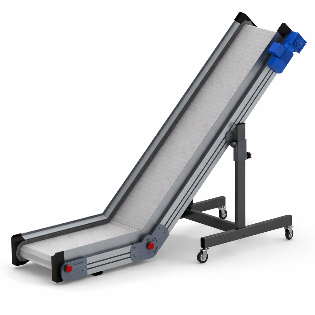 Medical inclined transfer board with adjustable height, wheels, and blue motor mechanism at the top.