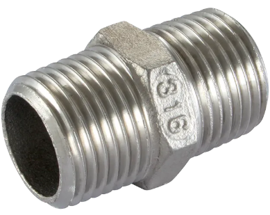 A metal double-ended threaded pipe connector or coupler.
