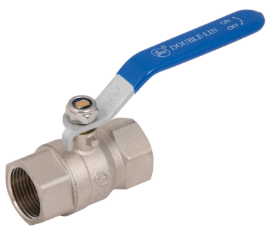 Brass ball valve with a blue handle and white on/off label.