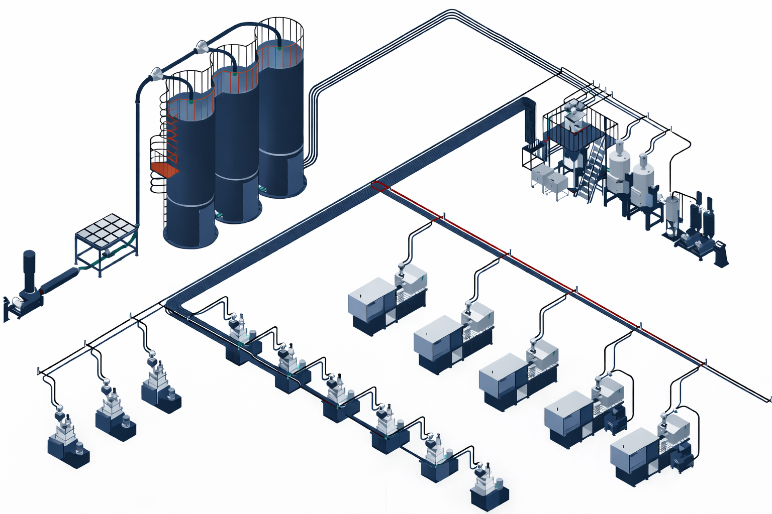 Diagram of an industrial processing plant showing tanks, pipes, machinery, and control units interconnected in a structured layout.