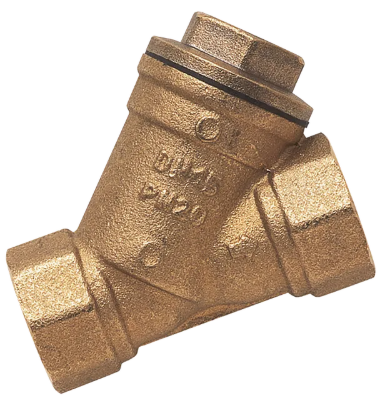 Brass Y-shaped pipe fitting with threaded connections on each end.