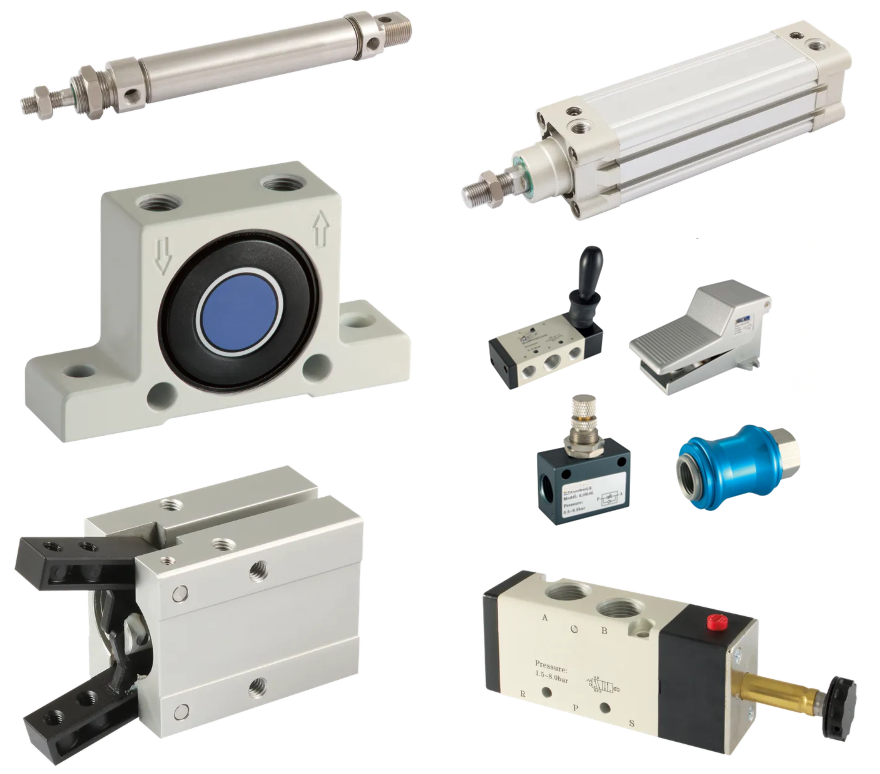 Collection of pneumatic and hydraulic components, including cylinders, valves, a pressure gauge, and control devices used in automation systems.