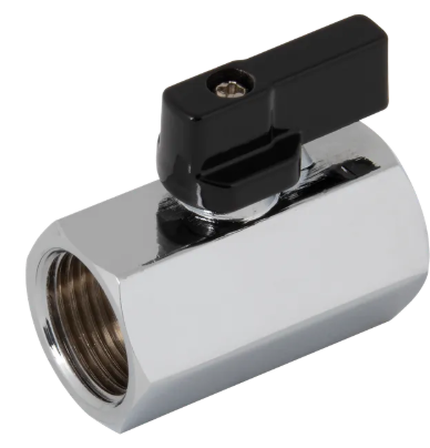 Metal ball valve with a black handle for controlling flow.