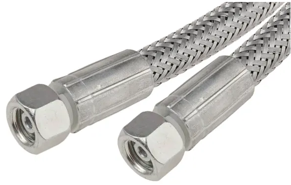 Close-up of two braided metal hoses with silver fittings at each end.