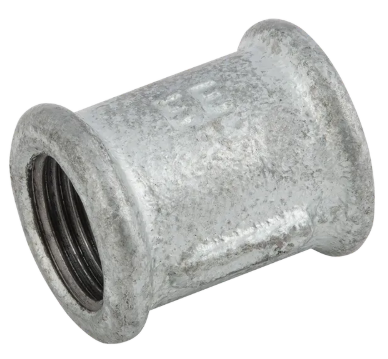 A silver metal pipe fitting with internal threading for connecting pipes.