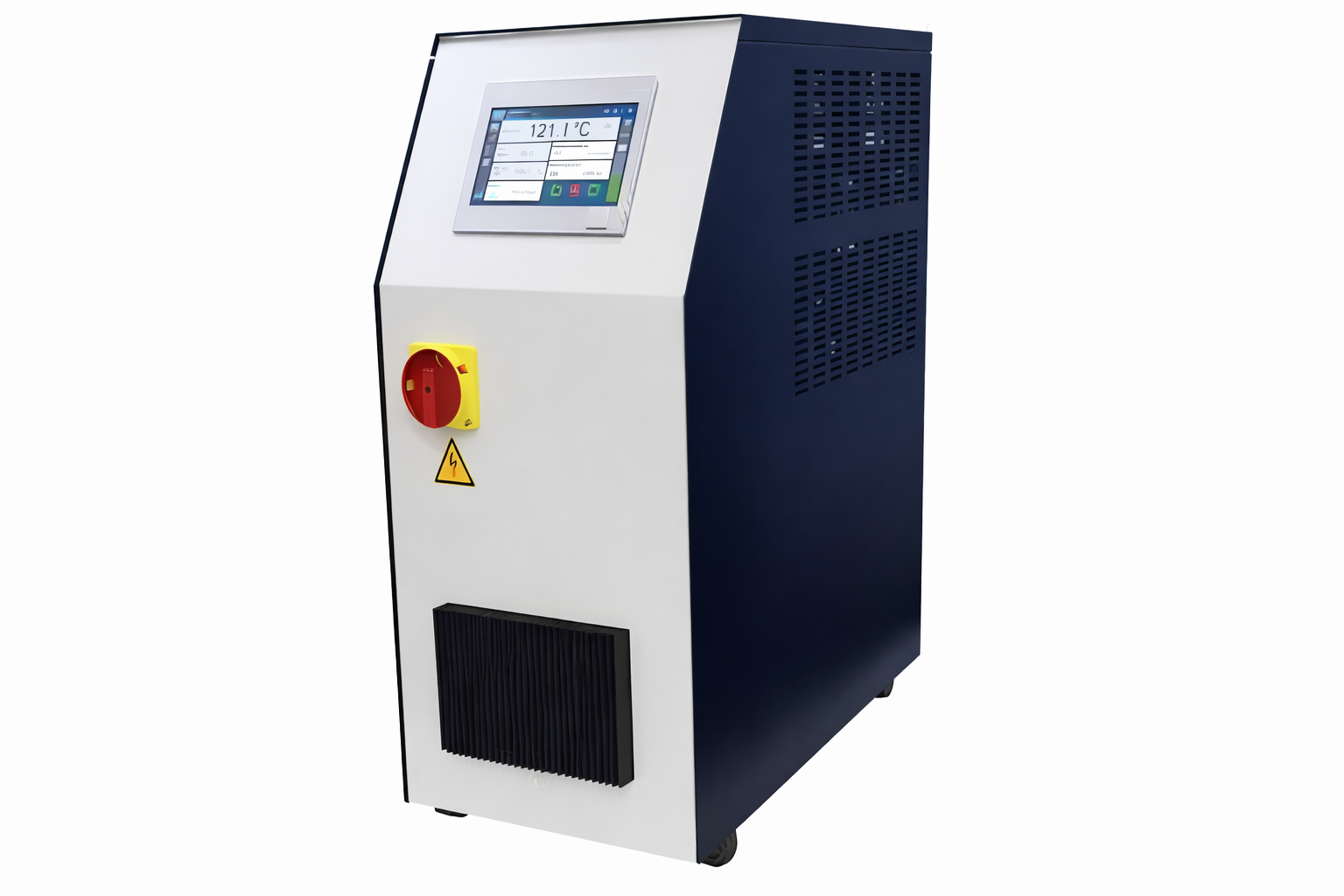 Industrial machine with digital display showing temperature, red power switch, warning label, black vent at the bottom, and a sleek modern design.