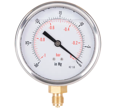 A tire pressure gauge showing about 30 pounds per square inch (psi).
