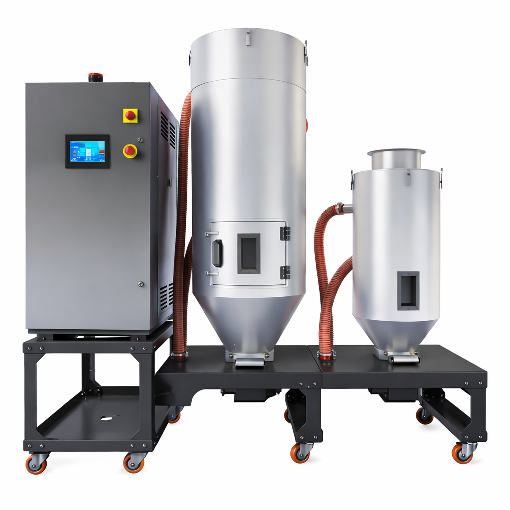 Industrial vacuum or filtration system with control panel and cylindrical metallic components on a wheeled black metal frame.