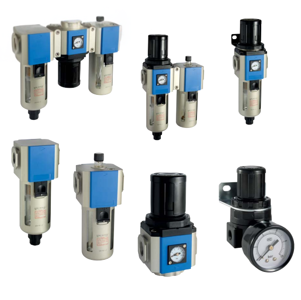 Collection of pneumatic air filters and regulators with pressure gauges, featuring blue and black components.