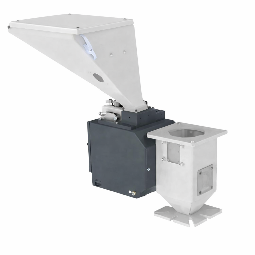 A machine with a white funnel atop a black base and a white collection bin below, used for industrial or laboratory processing.