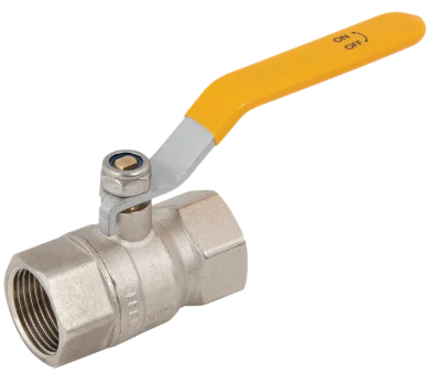 Brass ball valve with a yellow handle.