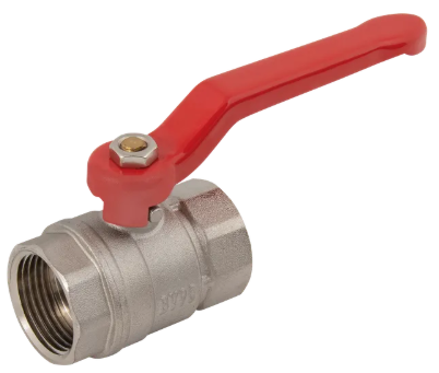 Metal ball valve with a red lever handle.
