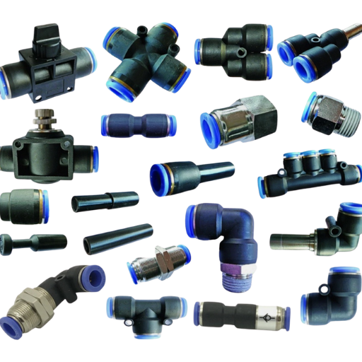 Various pneumatic and hydraulic fittings and connectors with blue and metal accents